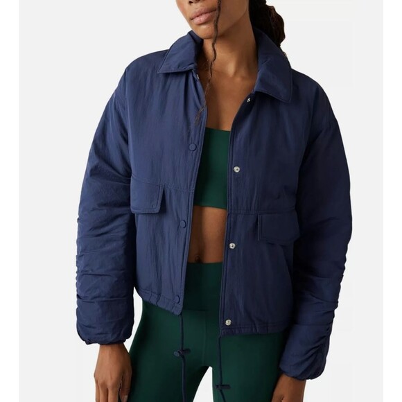 Free People Movement Off the Bleachers Coaches Jacket Navy Blue SMALL - Picture 1 of 5